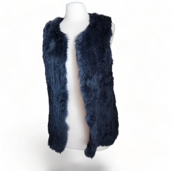 525 America Luxe Womens Size XS Rabbit Fur Outerwear Vest Jacket Blue Open Front - Picture 1 of 11